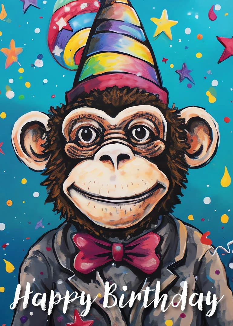 Colourful monkey in a party hat and bow tie with Happy Birthday text on background.
