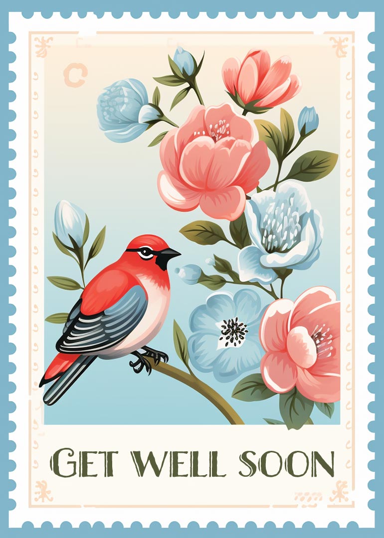 Red bird perched on branch with pink and blue flowers get well soon card