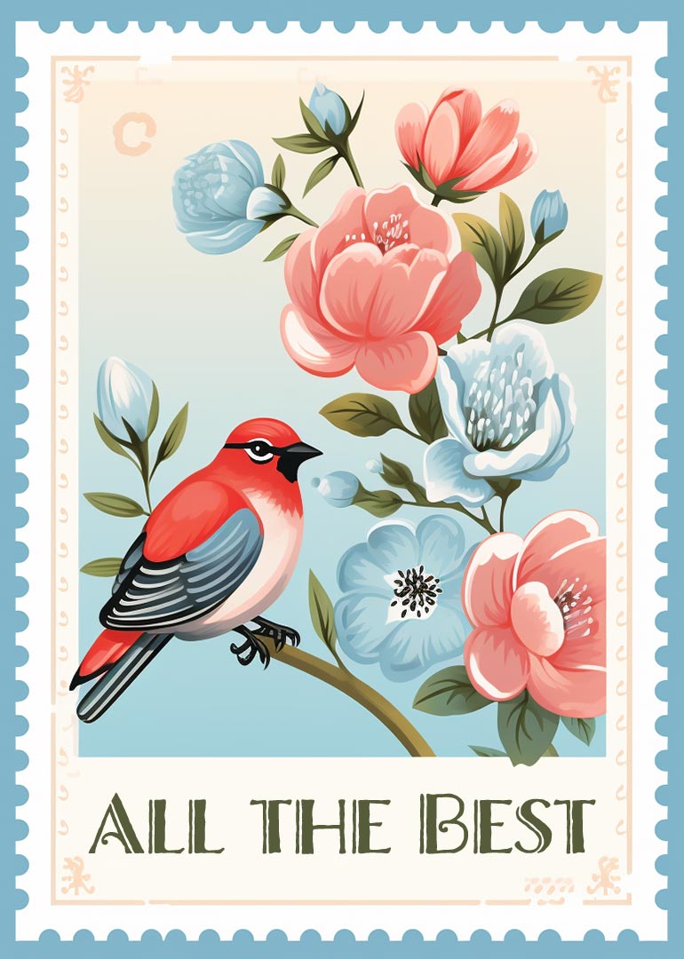 Card with red bird perched on branch surrounded by pink and blue flowers