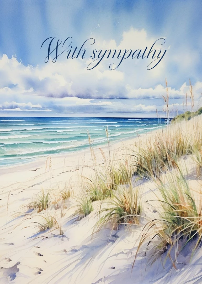 Watercolor beach scene with dunes and clouds, featuring the words With sympathy in elegant script.