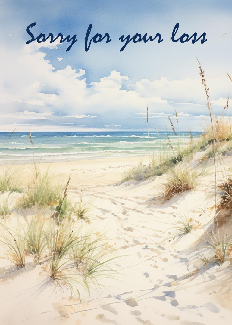 Watercolor beach scene with sand dunes and sorry for your loss text