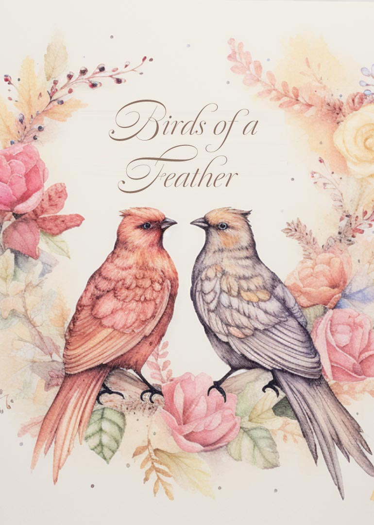 Two watercolor birds perched on a branch with soft pastel flowers