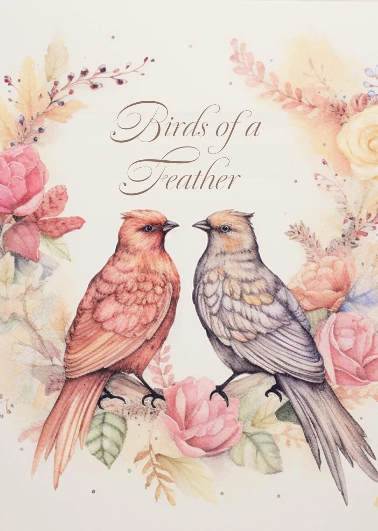 Watercolor floral card with two birds facing each other and Birds of a Feather text.