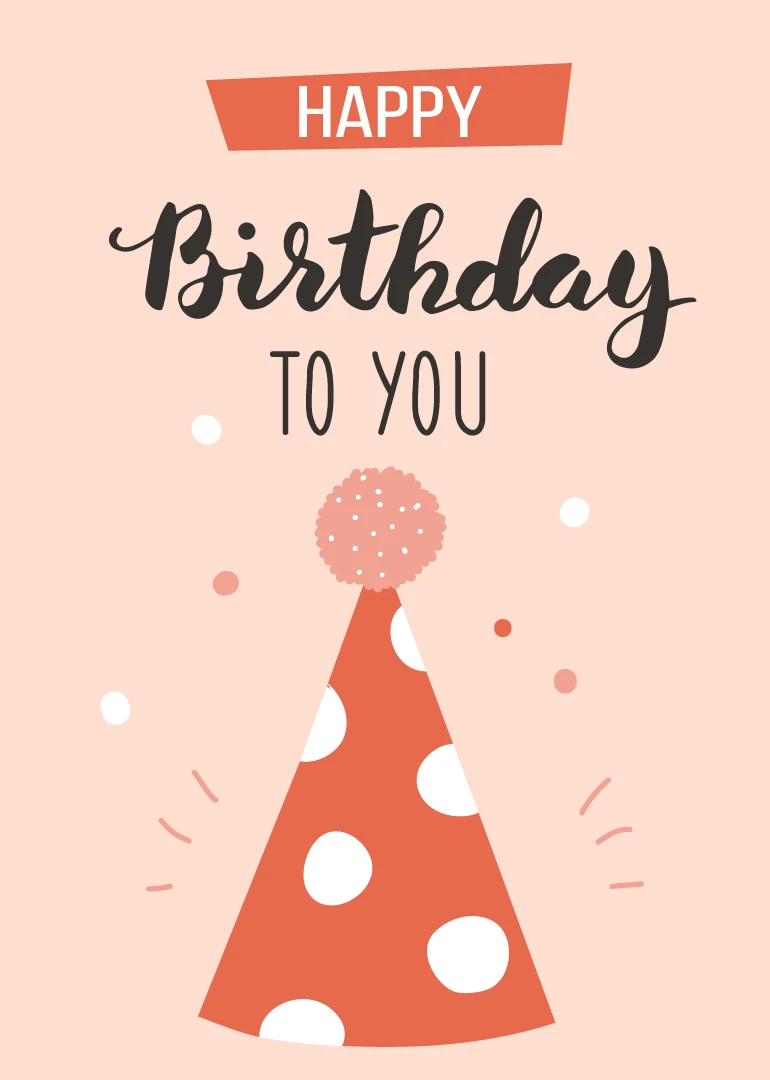 Birthday card with a coral polka dot party hat and bold Happy Birthday text design