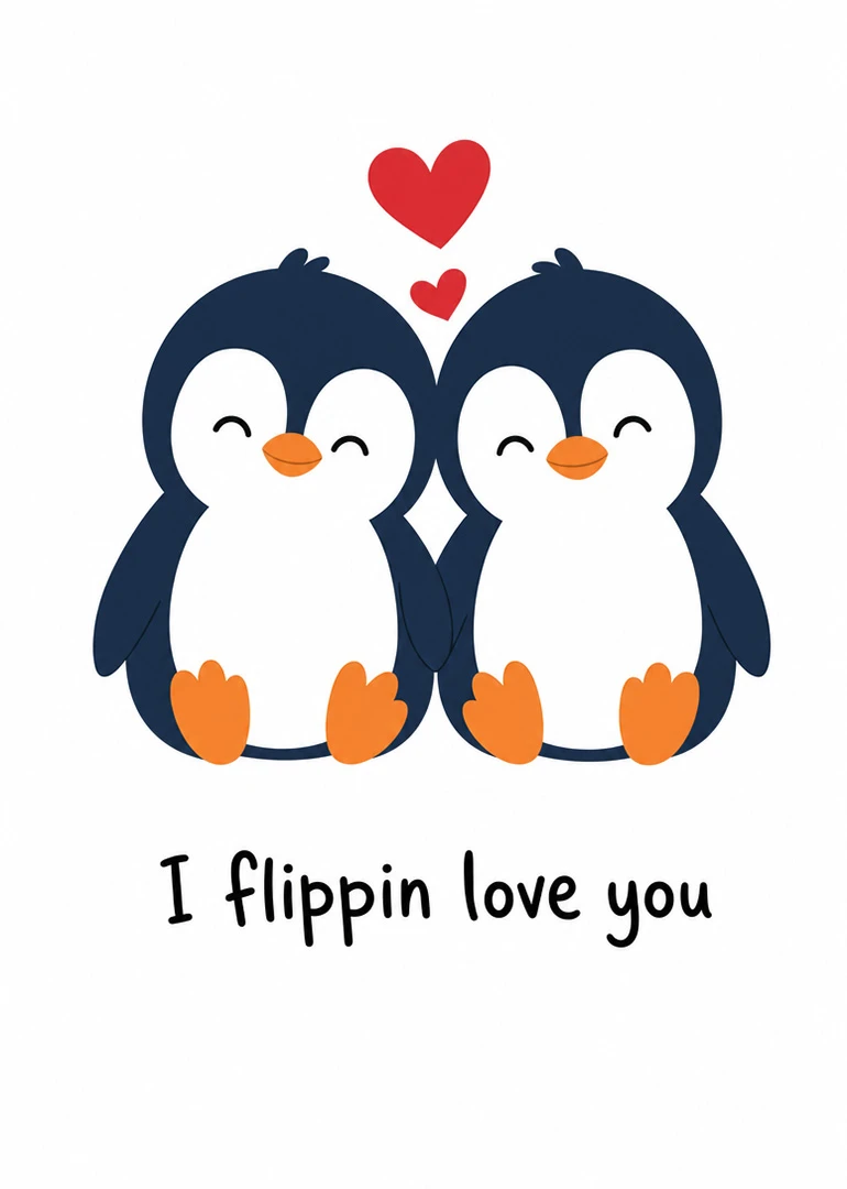 Two smiling penguins sit together beneath hearts with the message I flippin love you below.