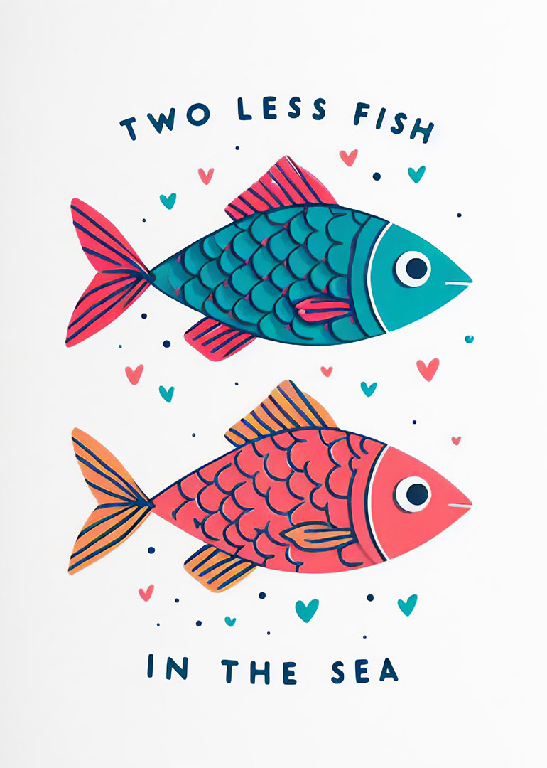 Two colourful fish with hearts and the words Two Less Fish in the Sea.