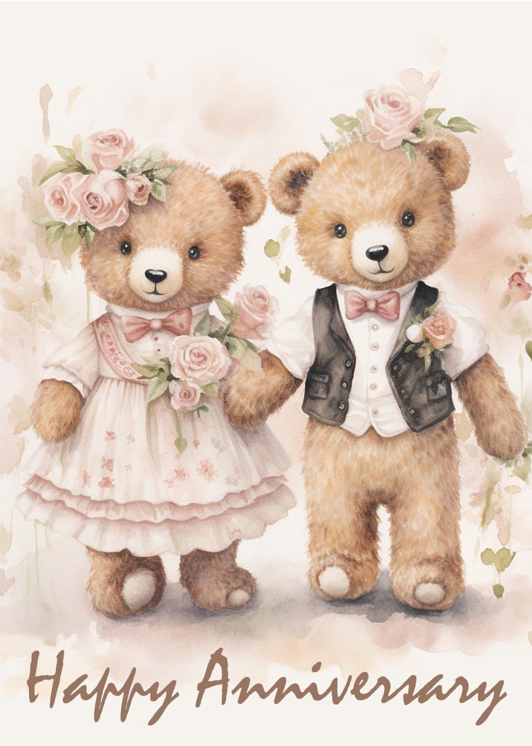 Two teddy bears in wedding attire holding hands with flowers happy anniversary text