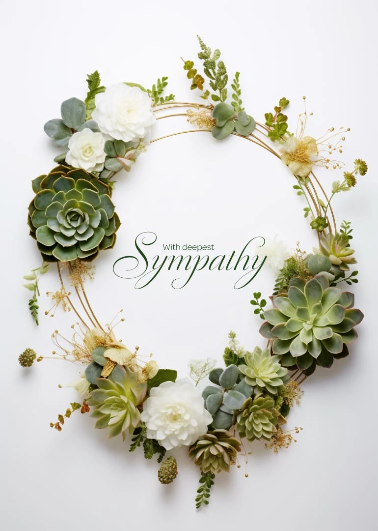 Succulent wreath with white flowers and gold accents frames With deepest Sympathy on white background.