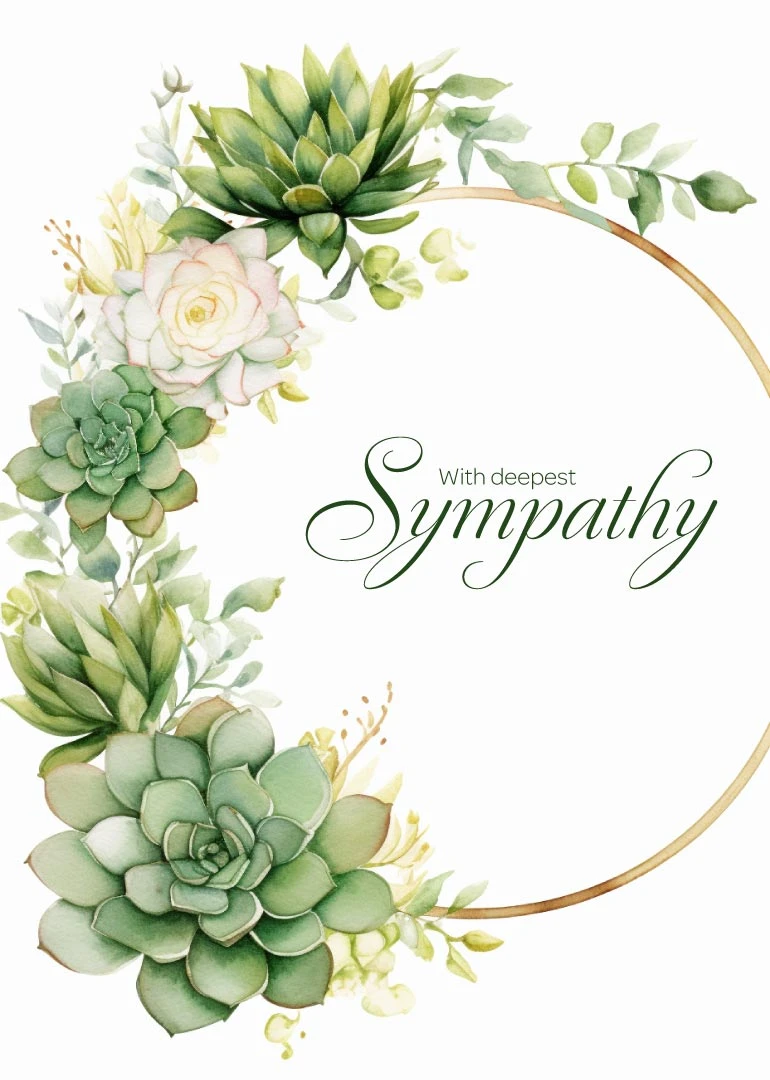 Watercolor succulent wreath with gold circle and the words With deepest Sympathy on white background.