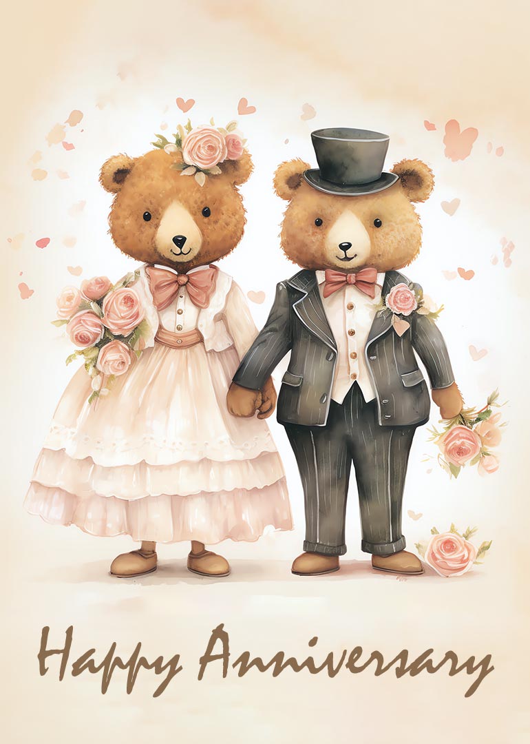 Teddy bears in wedding attire holding flowers with happy anniversary text