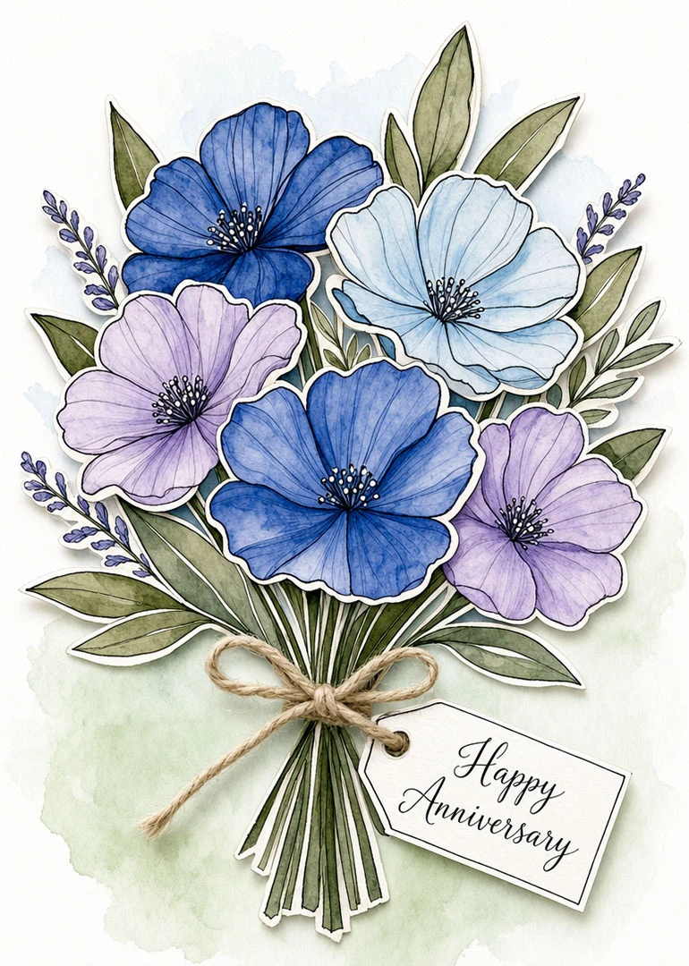 Watercolor bouquet of blue and purple flowers with Happy Anniversary tag and twine bow centered.