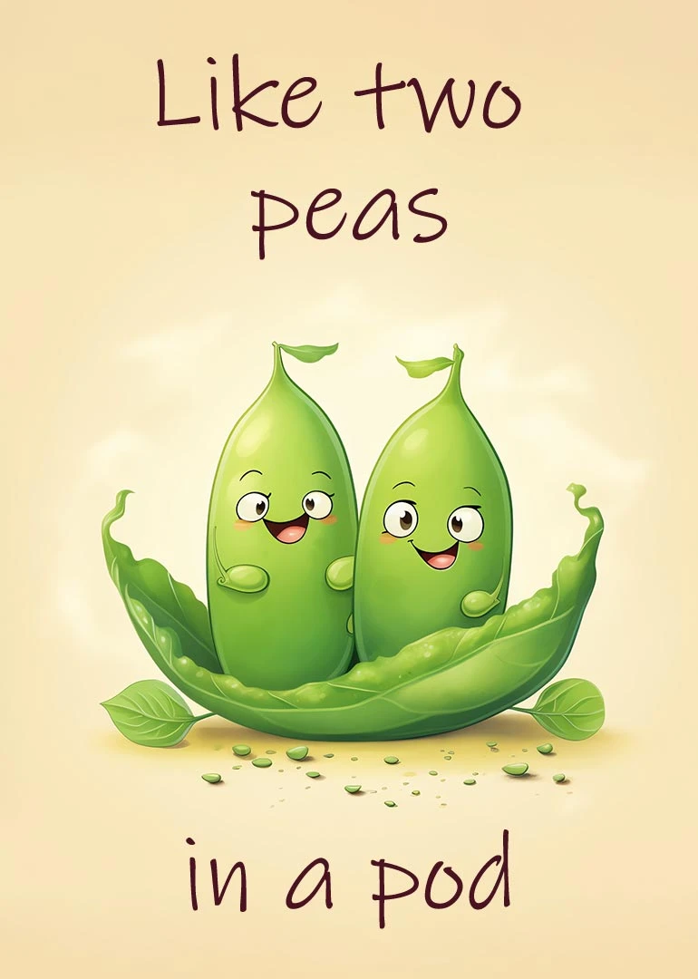 Two smiling peas in a pod with the words Like two peas in a pod.