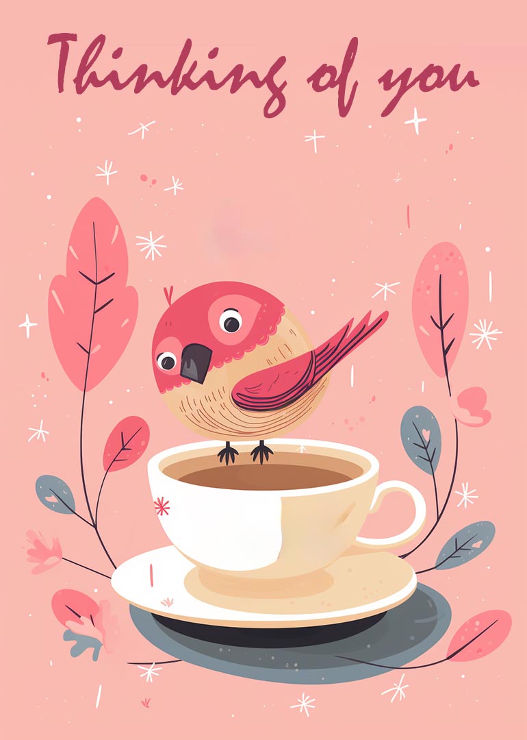 Illustration of a bird perched on a coffee cup with pink leaves background