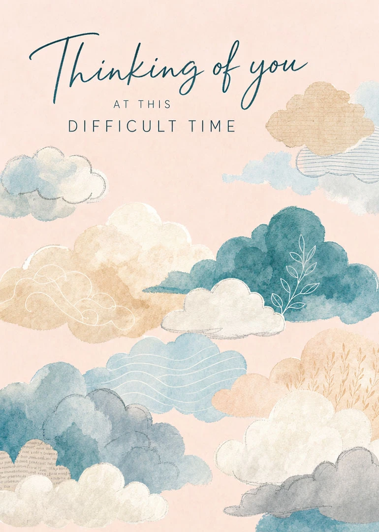 Watercolor clouds frame the words Thinking of you at this difficult time on pink background.