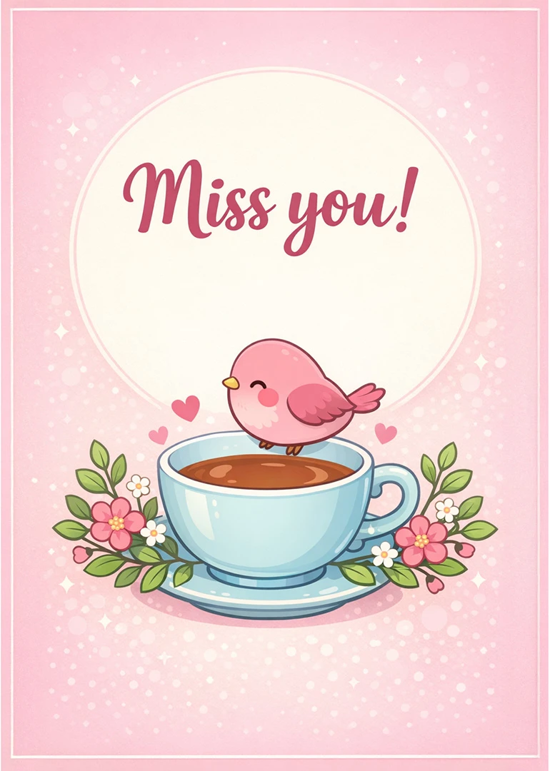 Pink bird perched on a teacup beside flowers with Miss you text on pastel background.