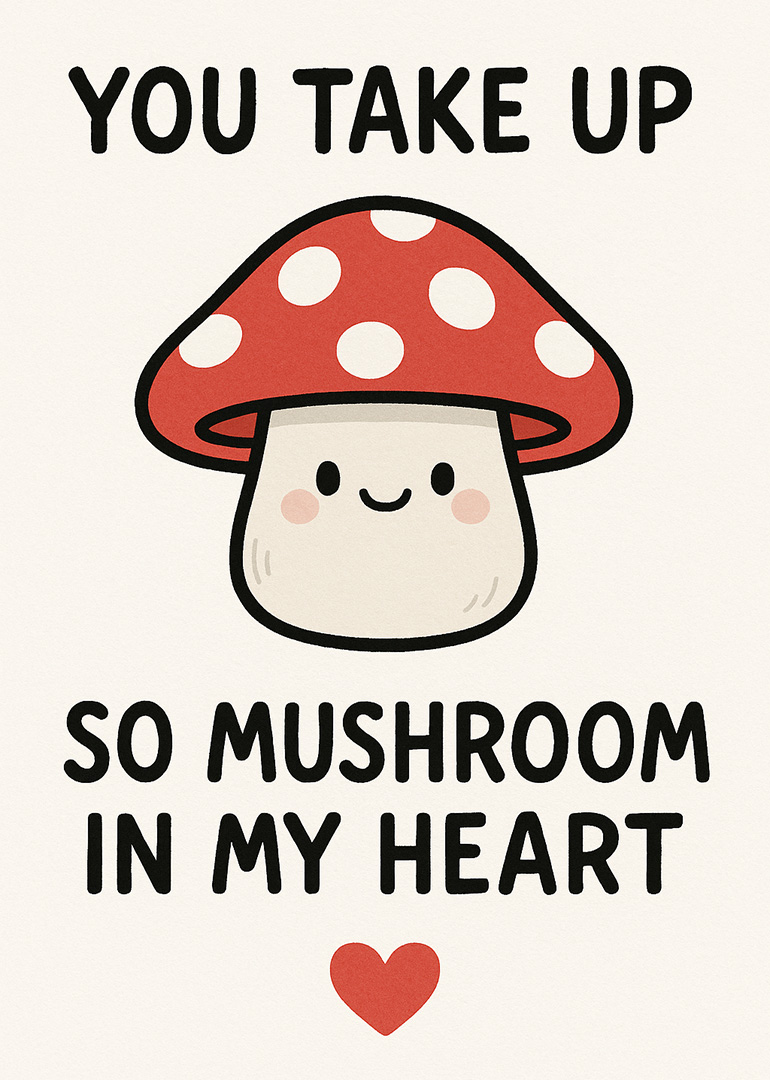Cute smiling mushroom with red cap and heart below pun message