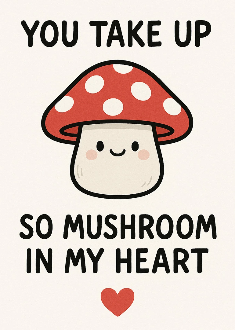 Cute red mushroom with heart and pun text saying you take up so much room.