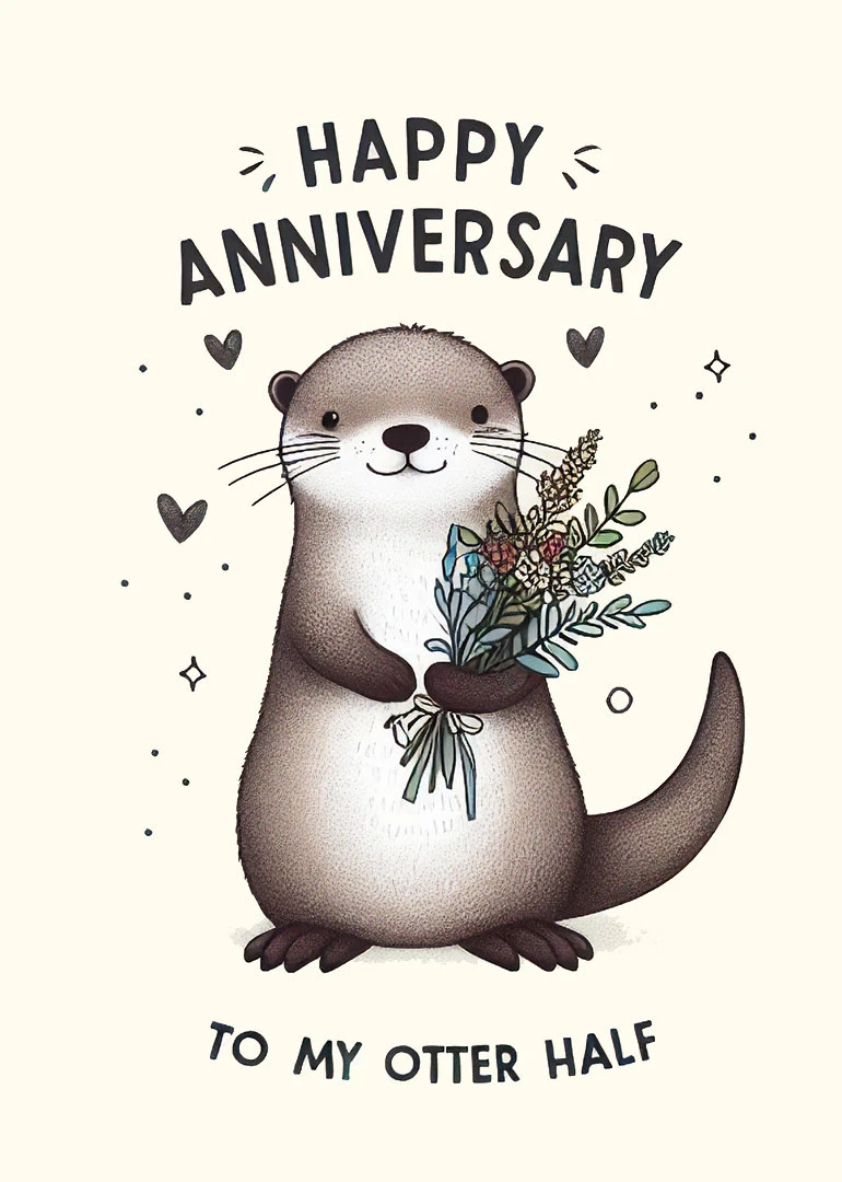 Otter holding flowers with Happy Anniversary and to my otter half text on cream background.