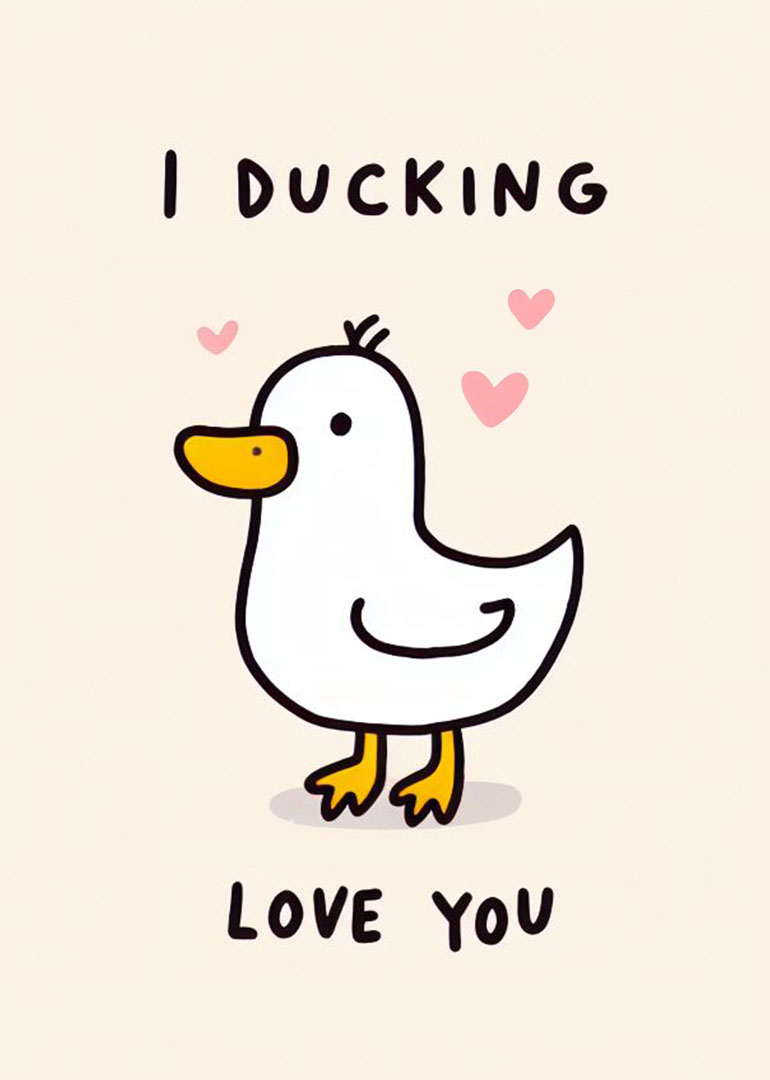 Cartoon duck with orange beak and feet surrounded by pink hearts and playful love text