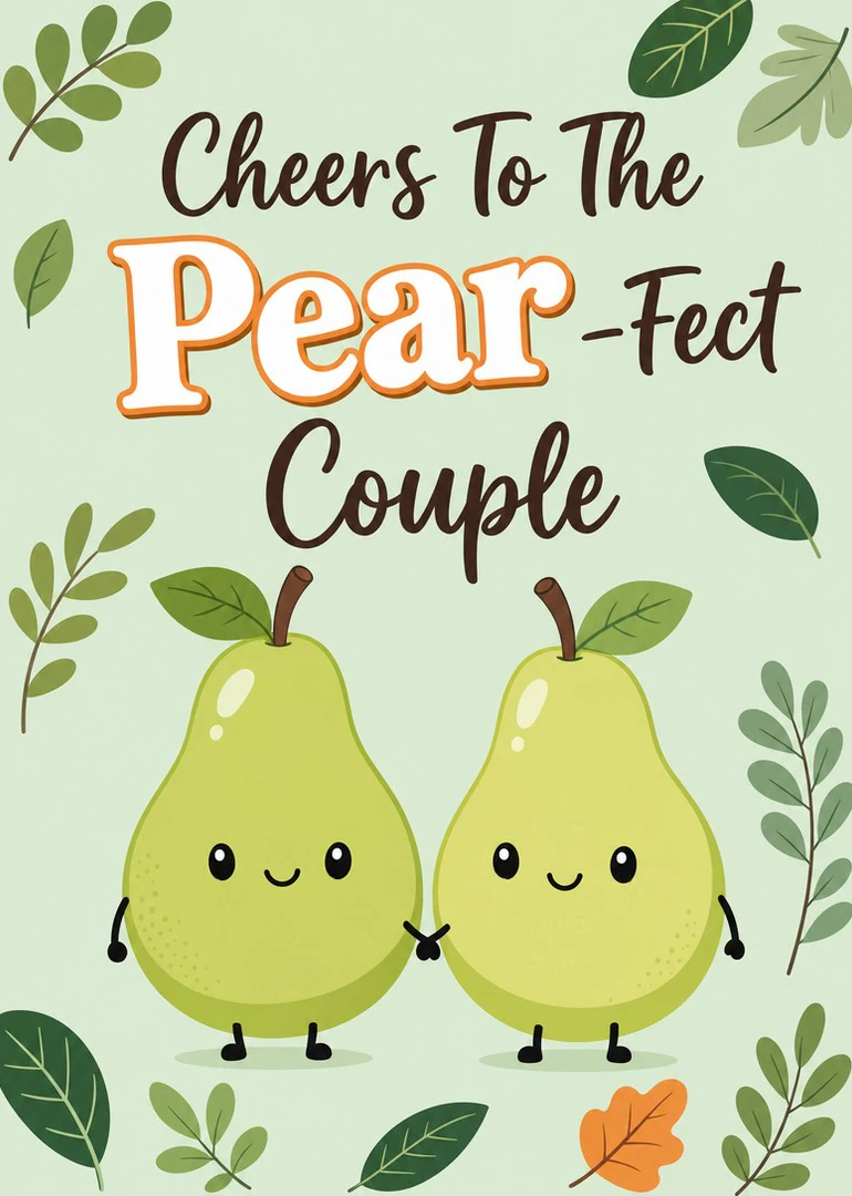 Two smiling pears hold hands beneath leafy branches with text Cheers To The Pear-fect Couple.