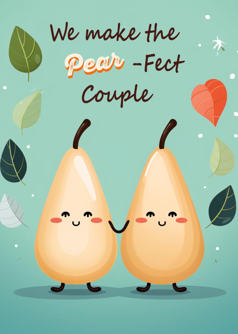 Two smiling pears holding hands with leaves and pun text on blue background