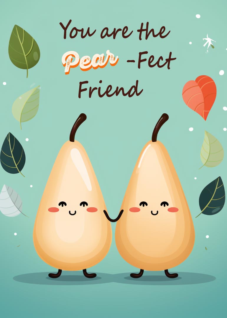 Two smiling pears holding hands with leaves around on blue background