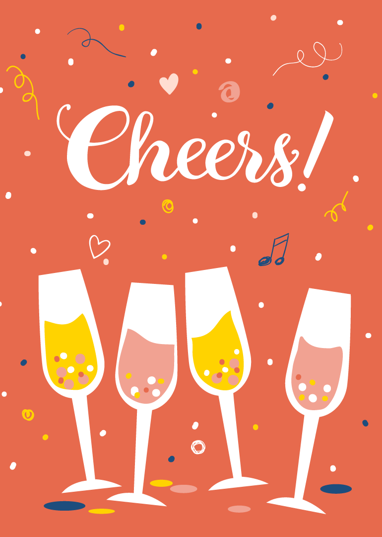 Card with cheers text, champagne glasses, and colorful confetti on orange background