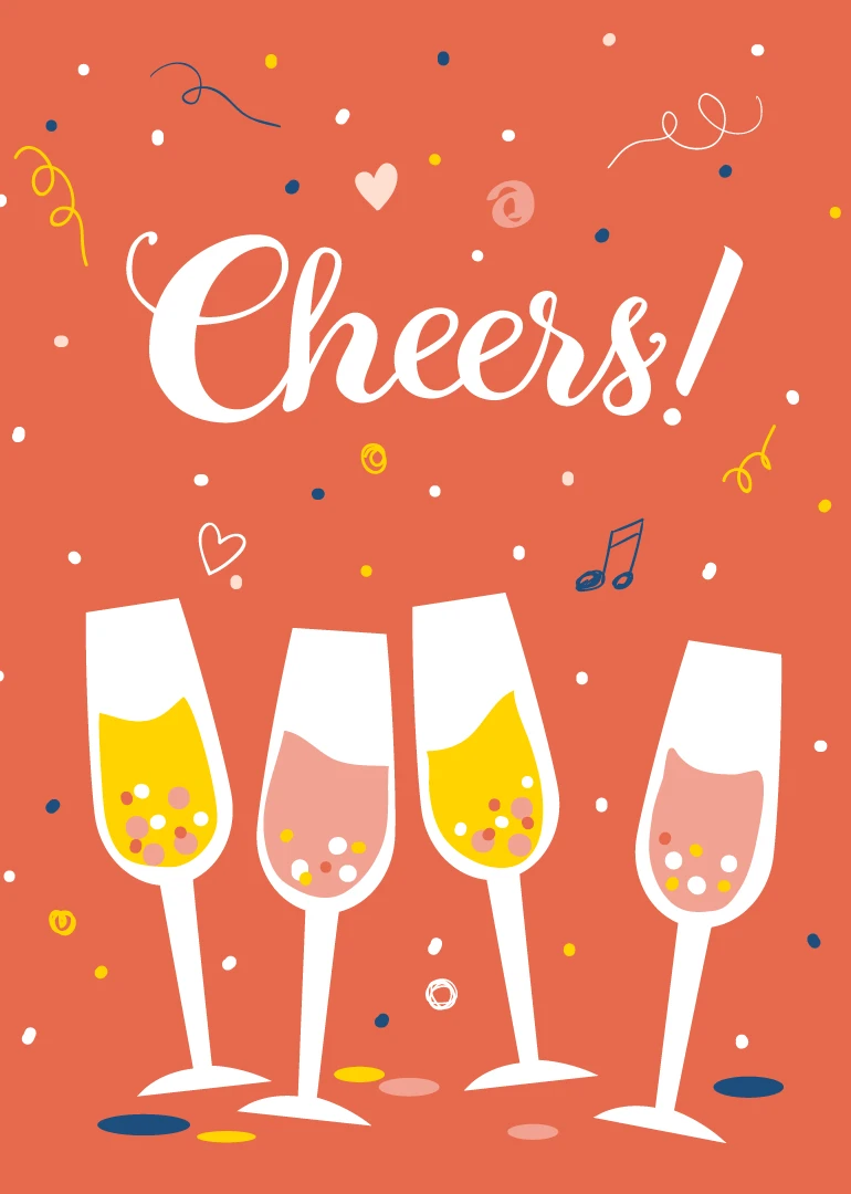 Coral card with four champagne glasses, confetti, and large Cheers! text in white script lettering.