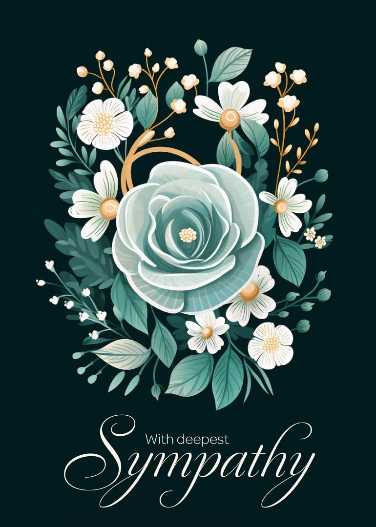 Teal floral sympathy card with white script reading With deepest Sympathy on a dark background.