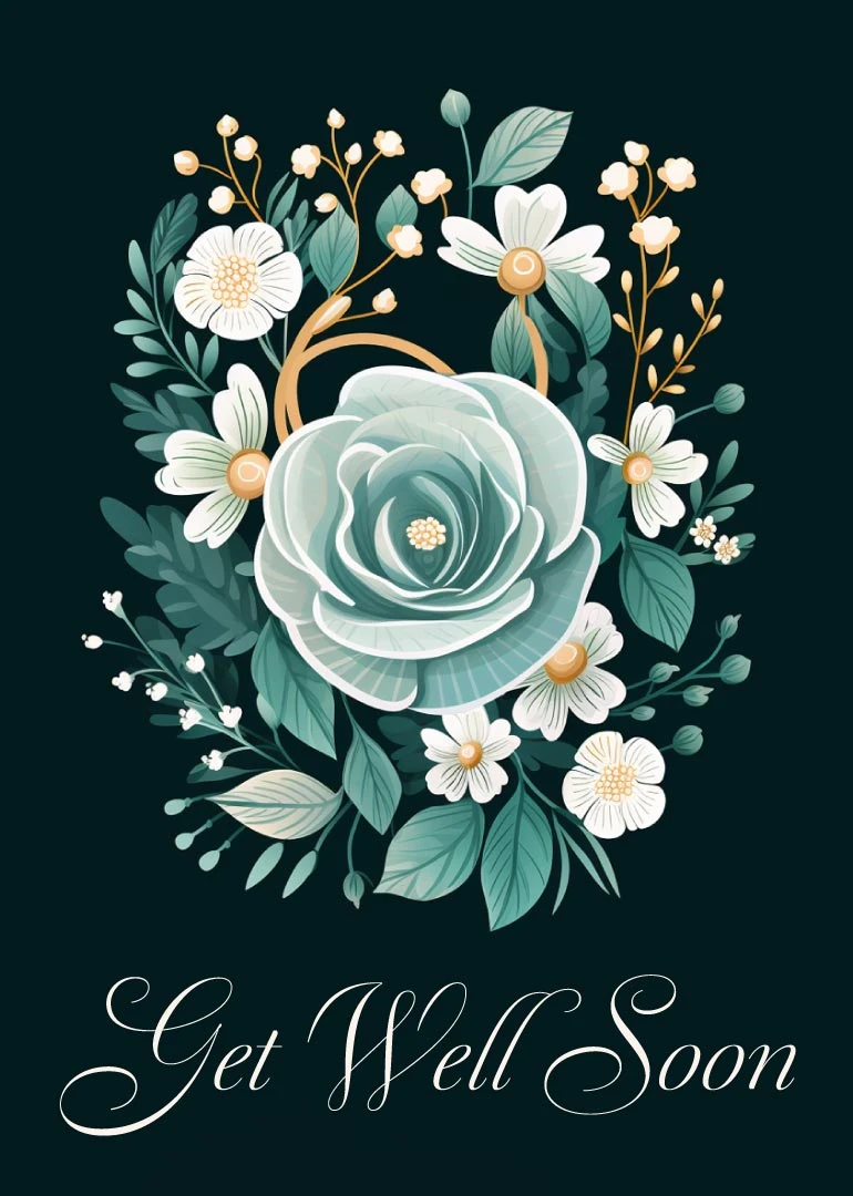 Teal floral bouquet with white blossoms and Get Well Soon wording on dark background.