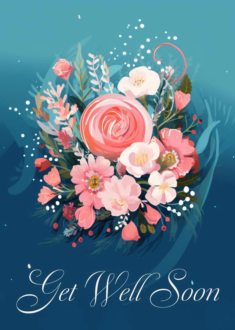 Elegant pink floral bouquet with Get Well Soon text on a deep blue background design.