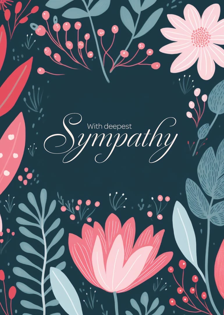 Dark floral sympathy card with pink blooms and the message With deepest Sympathy in script.
