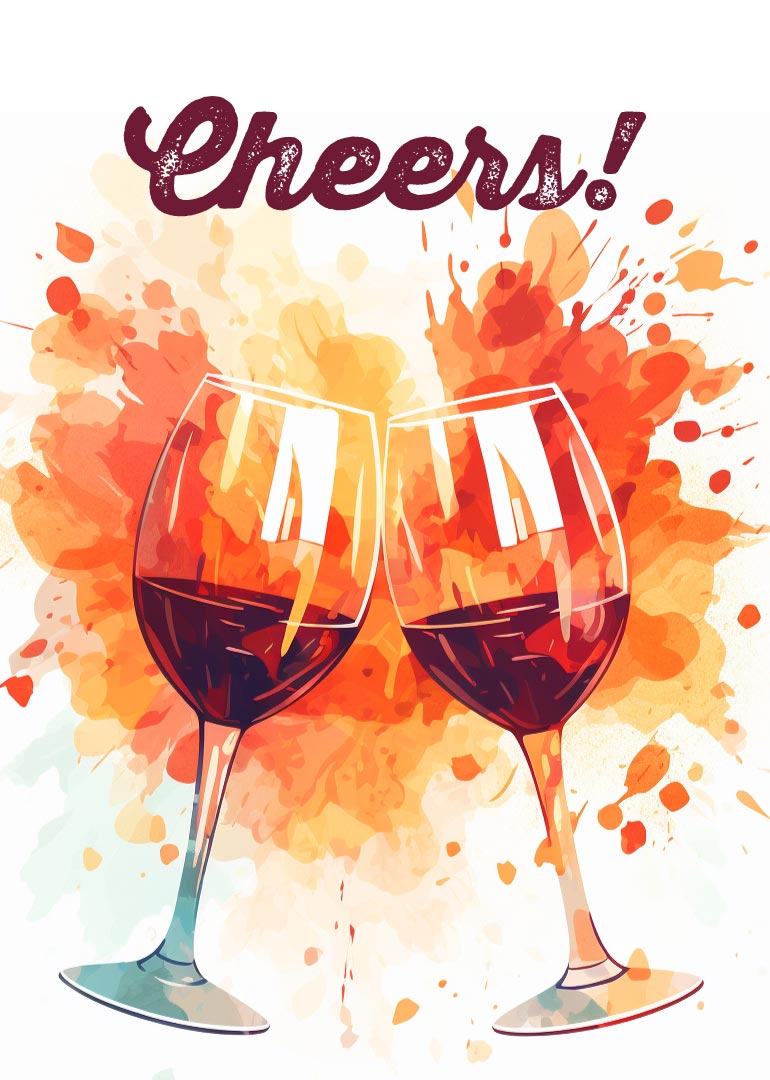 Two wine glasses clinking with colorful splash background and cheers text