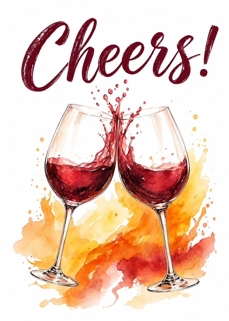 Two wine glasses clink with red splash over watercolor splashes and the word Cheers above.