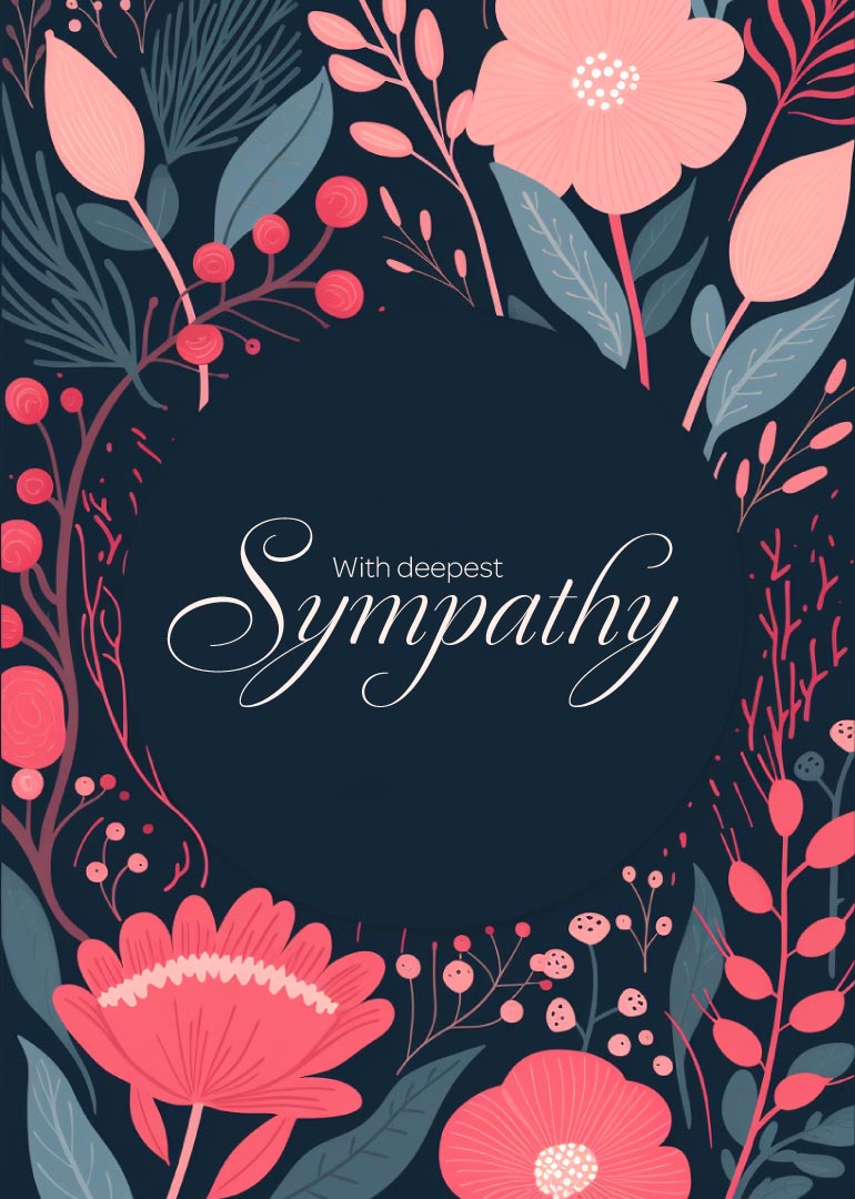 Sympathy card with pink flowers and dark background with heartfelt message