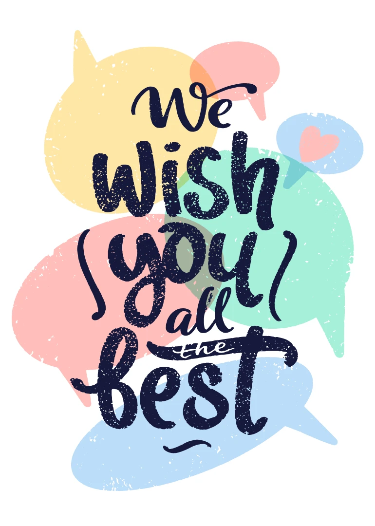 Colourful speech bubbles surround bold lettering that reads We wish you all the best design.