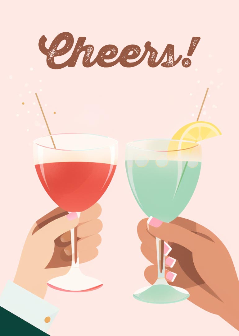 Two hands holding colorful drinks with cheers text on a light background