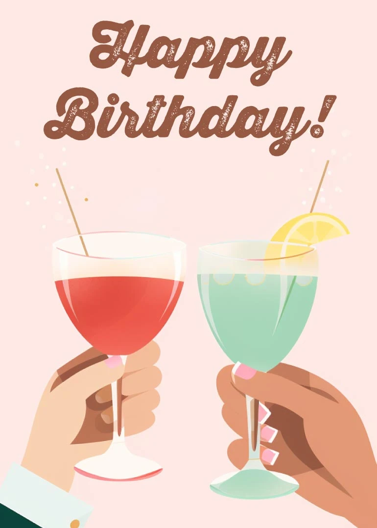 Two hands toast colorful cocktails beneath Happy Birthday text on a soft pink background card.