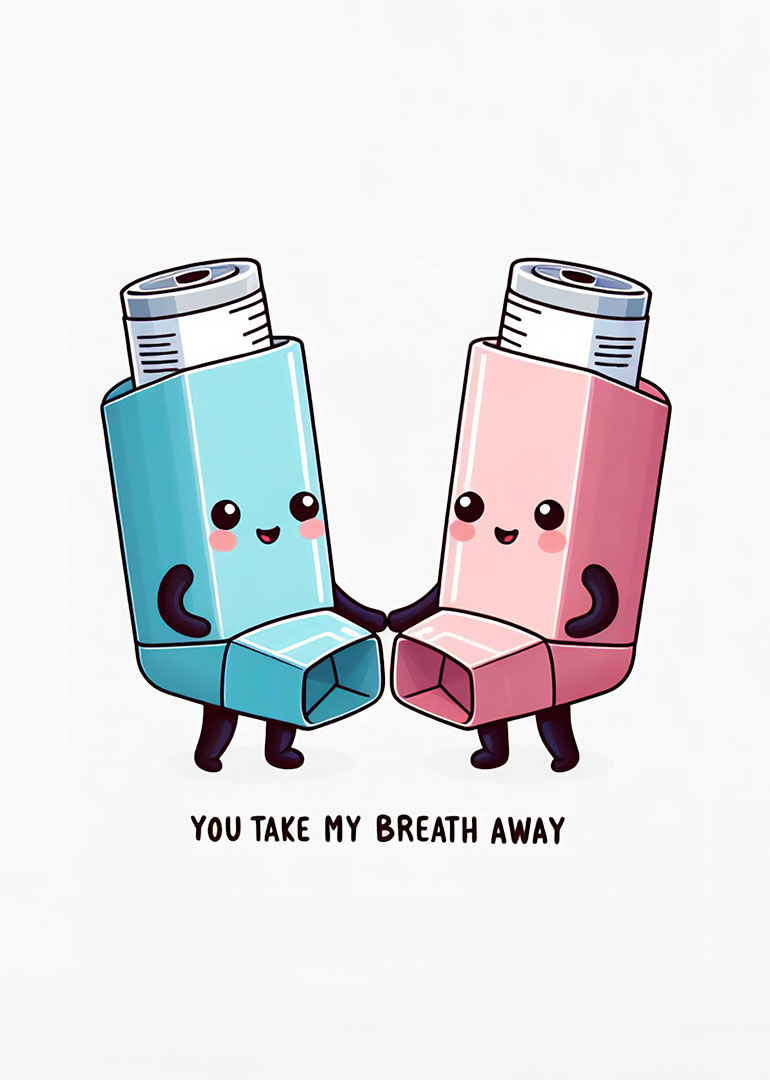 Two cute cartoon inhalers holding hands with smiling faces and rosy cheeks
