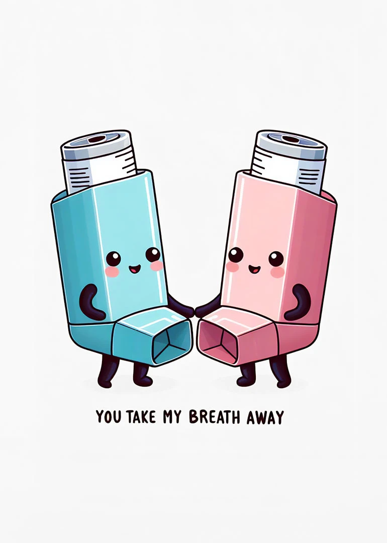 Two cute inhalers in blue and pink hold hands with you take my breath away.