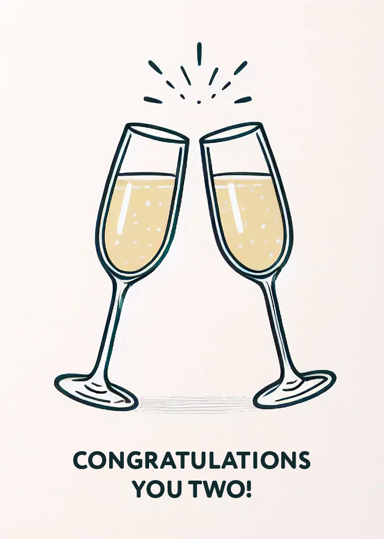 Two champagne flutes clink together above the words Congratulations You Two on a soft background.