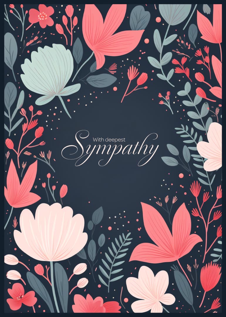 Sympathy card with soft pink and white flowers on dark background