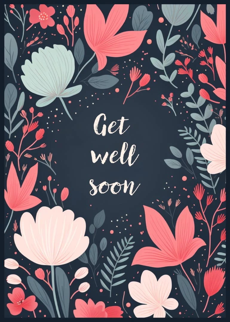 Navy floral card with pink blooms and the words Get well soon in the centre.