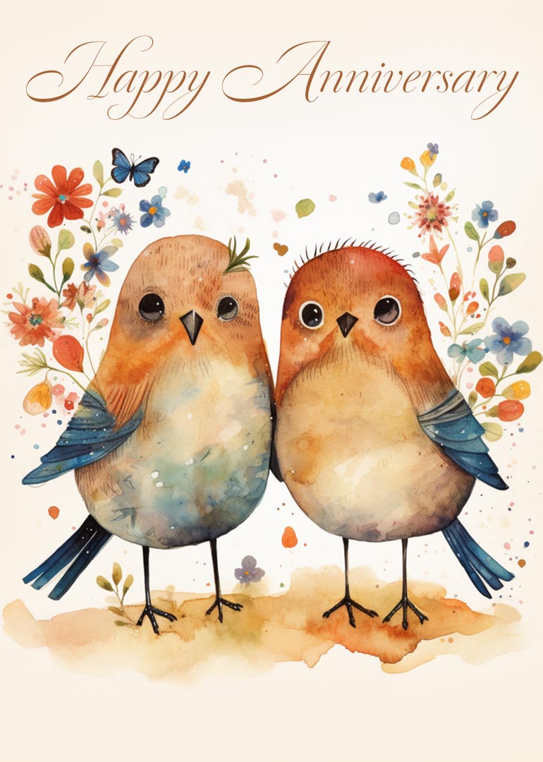 Watercolor illustration of two birds with flowers and butterflies happy anniversary