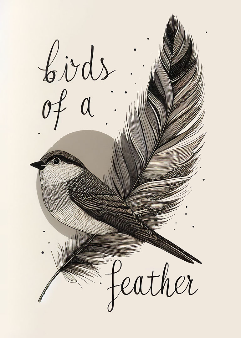 Monochrome bird perched on a large feather with birds of a feather text