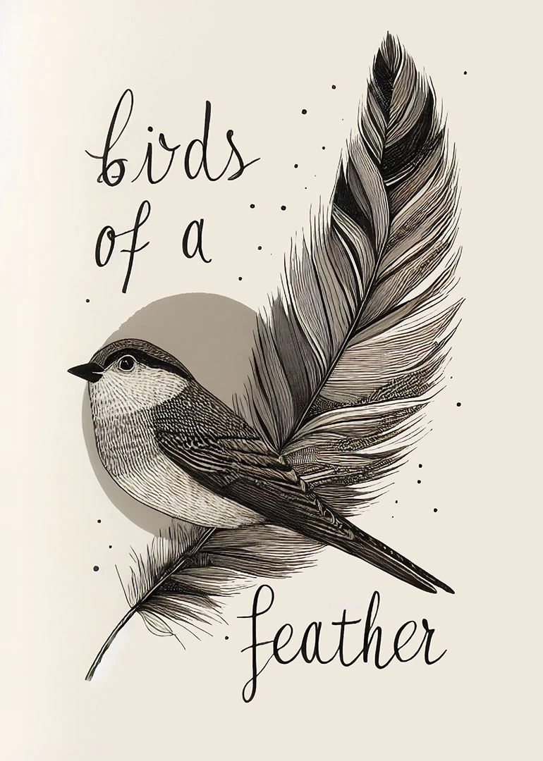 Black and white bird perched on feather with handwritten Birds of a Feather text card.