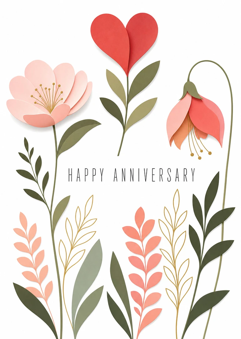 Paper cut flowers in pink, coral and green with Happy Anniversary text on white background.