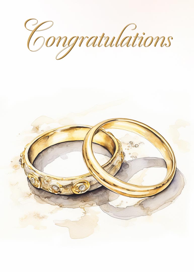Watercolor style card with two gold wedding rings and congratulations text