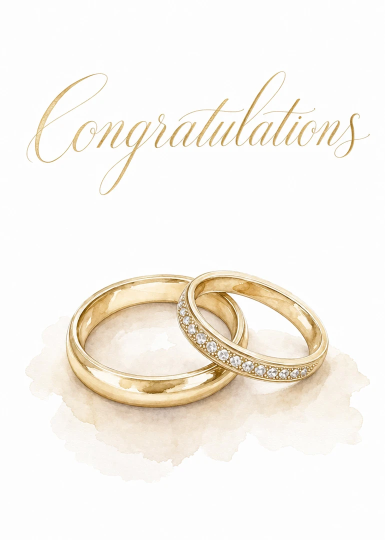 Gold congratulations script above two intertwined wedding rings on a white background.