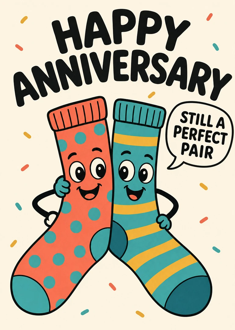 Cute cartoon socks hug under Happy Anniversary text with a perfect pair speech bubble.